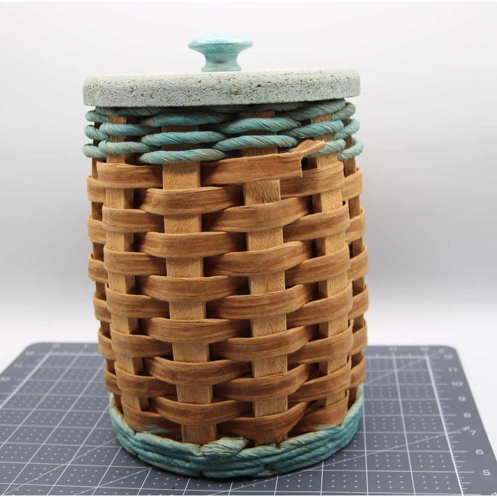 Handmade Woven Wood Splint Basket Canister with Teal Rope Trim and Lid